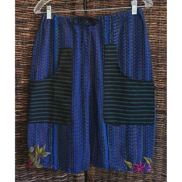 Embroidered Patchwork Bermuda Shorts Womens Large Blue Festival Bohemian Hipster - Picture 1 of 7